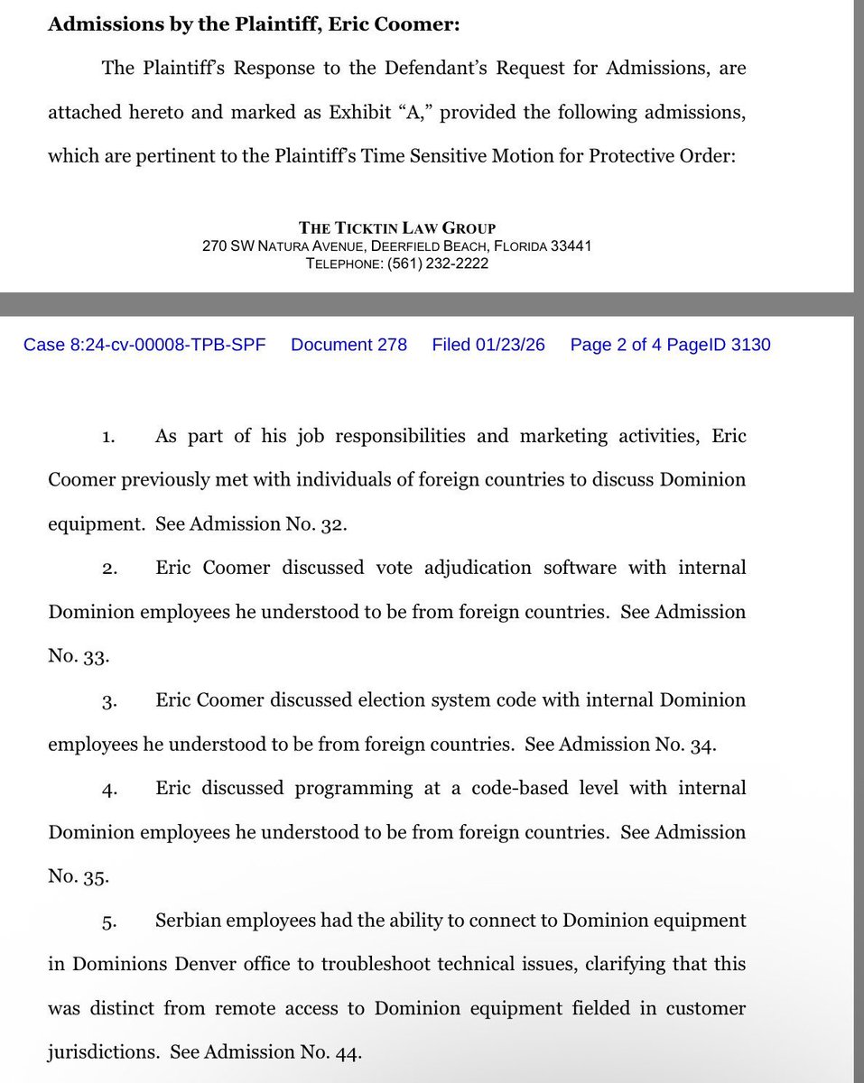 PeterBernegger's tweet image. 🚨 FEDERAL COURT ADMISSIONS - UNDER OATH 🚨

Eric Coomer (Dominion voting) admitted in sworn discovery that he:

• Met with foreign nationals to discuss Dominion equipment

• Discussed vote adjudication software with foreign employees

• Discussed election system code &amp;amp;…