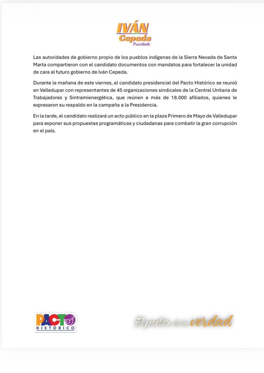 IvanCepedaCast's tweet image. Iván Cepeda recibió el respaldo de sindicatos y pueblos indígenas del norte del país

El candidato Iván Cepeda continúa su campaña a la
Presidencia de la República de la mano del pueblo colombiano. 

En su visita a Cesar y La
Guajira recibió la protección de las autoridades…