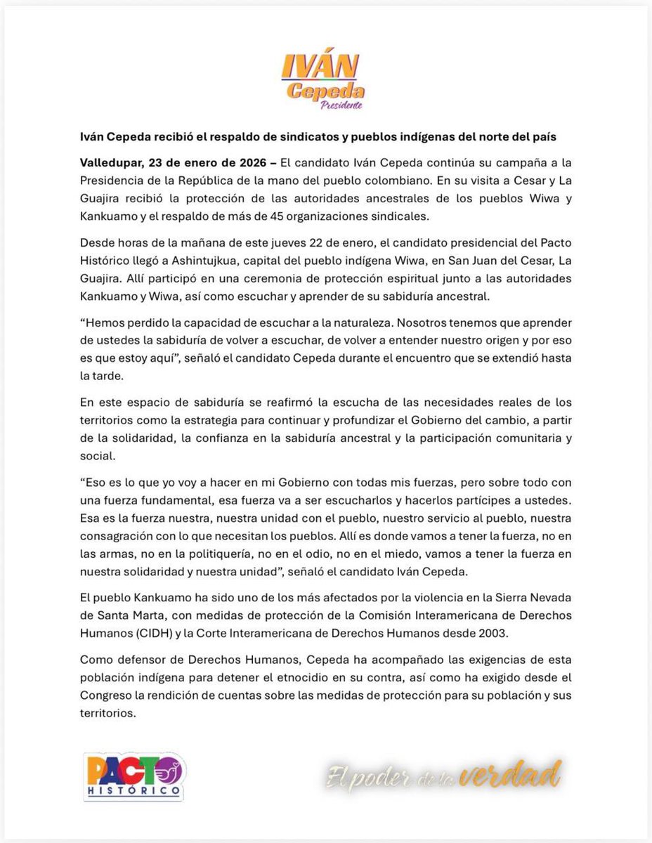 IvanCepedaCast's tweet image. Iván Cepeda recibió el respaldo de sindicatos y pueblos indígenas del norte del país

El candidato Iván Cepeda continúa su campaña a la
Presidencia de la República de la mano del pueblo colombiano. 

En su visita a Cesar y La
Guajira recibió la protección de las autoridades…