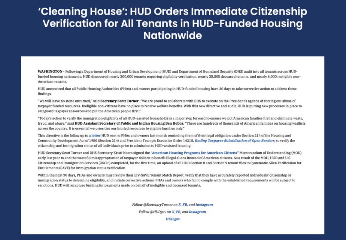 TeamTrump47's tweet image. 🚨THIS IS HUGE! 

@HUDgov Orders Immediate Citizenship Verification for All Tenants in HUD-Funded Housing Nationwide

THIS IS A WIN FOR LOW-INCOME AMERICANS🇺🇸👏🏼