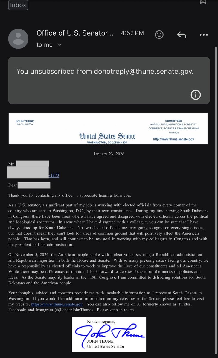 cigarman79's tweet photo. @johnthune since I got a canned email to real concerns, and you though perhaps auto-enrolling me on your propaganda list, without actually saying anything relevant to my concerns, I shouldn’t be surprised. All your GOP colleagues spew canned replies for all legit concerns https://t.co/g21Hp6h0qW