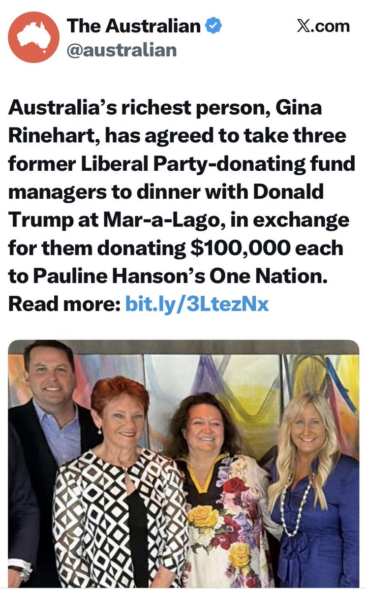 MissPolly62's tweet image. Surprise Surprise! Australia’s most richest woman whose father suggested poisoning Aboriginal people’s water supply backs Australia’s most racist women who thrives on denigrating Aboriginal people (and everyone else who is not white skinned).