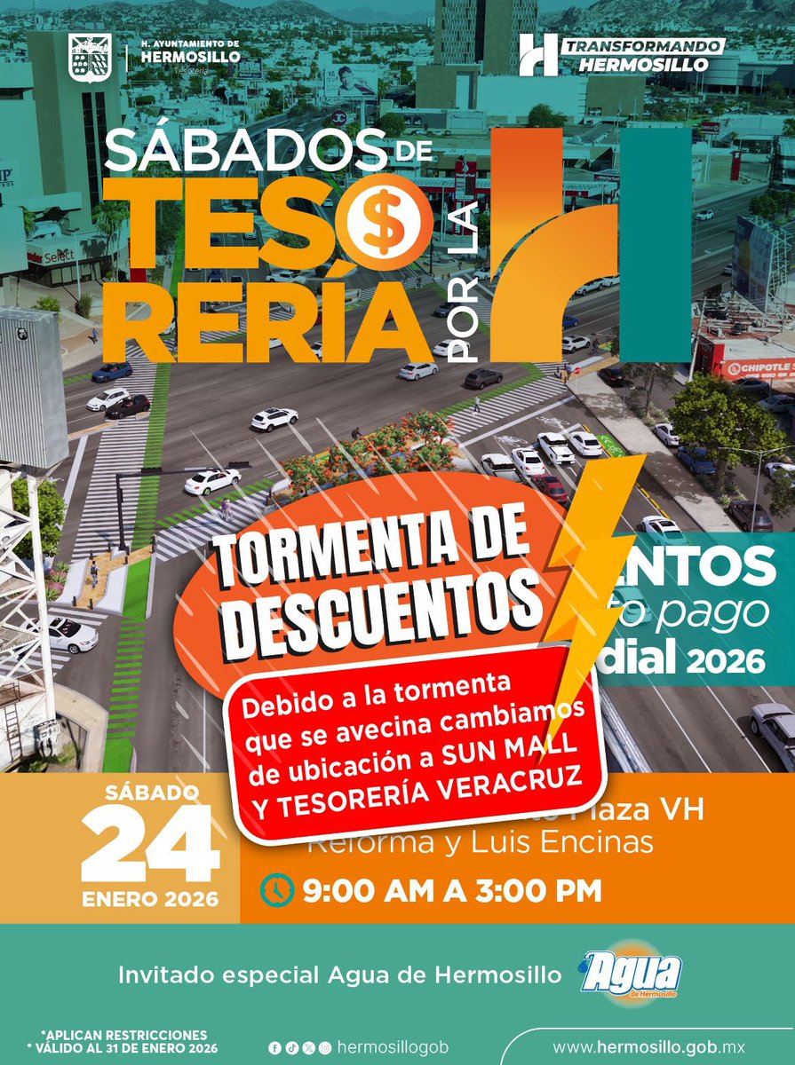 Se avecina una
Tormenta de Descuentos

☝️ Por cuestiones climatológicas,
el “Sábado de Tesorería por la H”
será en Sun Mall y en Tesorería Veracruz.

🗓️ Sábado 24 de enero
⏰ De 9 a.m. a 3 p.m.
