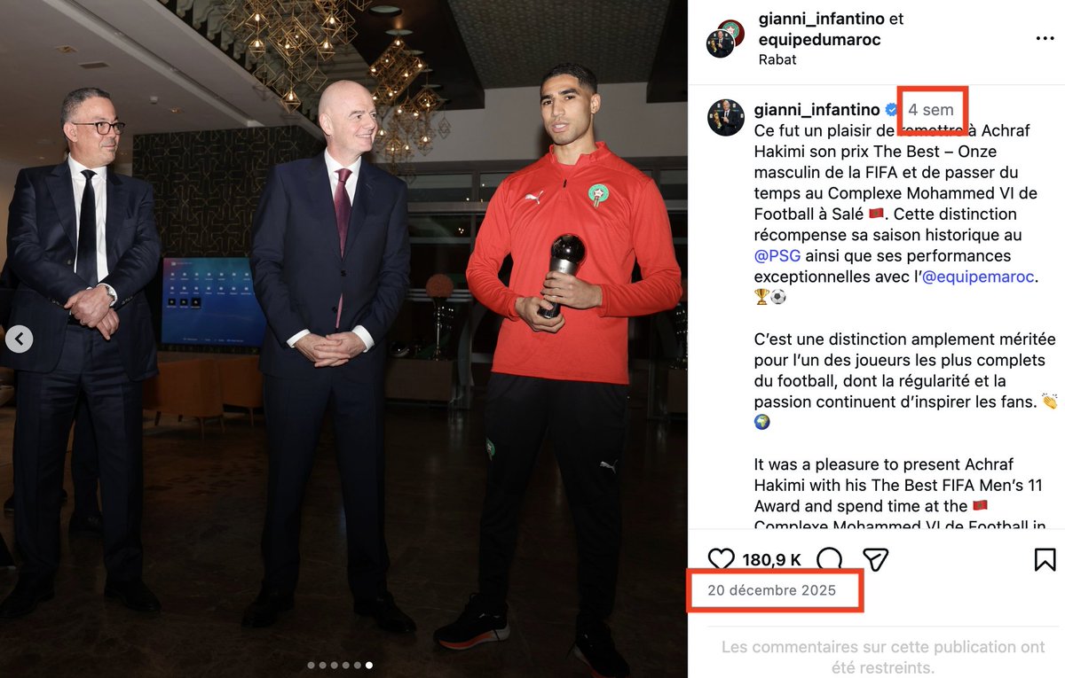 AtlasFactCheck's tweet image. 📌 MISE AU POINT 🇲🇦

Les images de Gianni Infantino au Maroc ne datent pas de la veille de la finale de la CAN 2025, mais du 20 décembre 2025, lors de sa visite au Complexe Mohammed VI pour remettre à Achraf Hakimi son trophée "The Best". 
La finale de la CAN 2025 s’est jouée le…