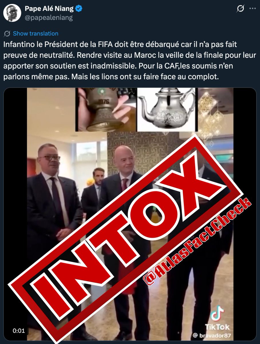 AtlasFactCheck's tweet image. 📌 MISE AU POINT 🇲🇦

Les images de Gianni Infantino au Maroc ne datent pas de la veille de la finale de la CAN 2025, mais du 20 décembre 2025, lors de sa visite au Complexe Mohammed VI pour remettre à Achraf Hakimi son trophée "The Best". 
La finale de la CAN 2025 s’est jouée le…
