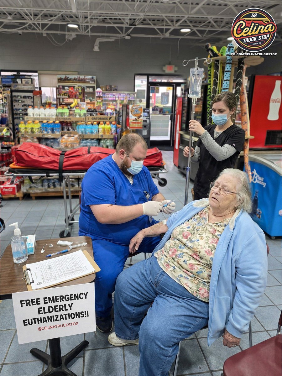 celinatruckstop's tweet image. We are euthanizing your elderly family members who may not survive the storm. Please come see us in Crossville, TN to let them die with dignity instead of freezing to death once the power grid collapses.