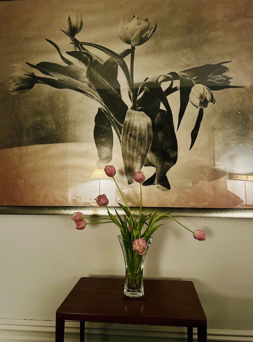 Local tulips from Moonshot Farm still good a week later. In Shabbat I match an arrangement to a piece of art. The wonderful book that inspired me is called “art in flower.” Shabbat shalom.