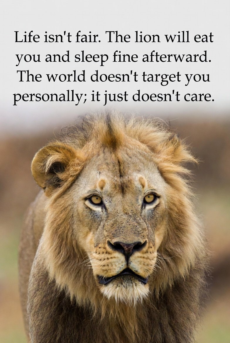 radogsigma's tweet image. Life isn’t fair. The lion will eat you and sleep fine afterward. The world doesn’t target you personally; it just doesn’t care.