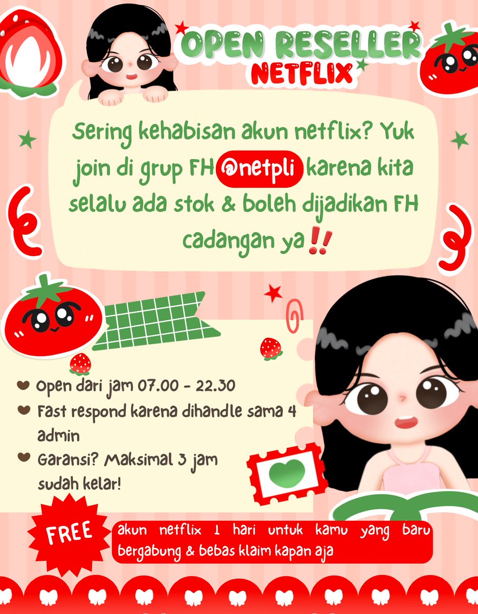 netpleasee's tweet image. siapa yang suka kehabisan stock net? yuk tambah stock dengan gabung di fhku!

──✦ OPEN RESELLER NETFLIX ONLY ✦ ─
♡ garansi maksimal 3 jam 
♡ dihandle sama 4 etmin baik hati ◡̈

yang mau intip pl boleh reply dulu ya pakai akun ba nya 🪭 GRATIS netflix 1 hari! ◡̈