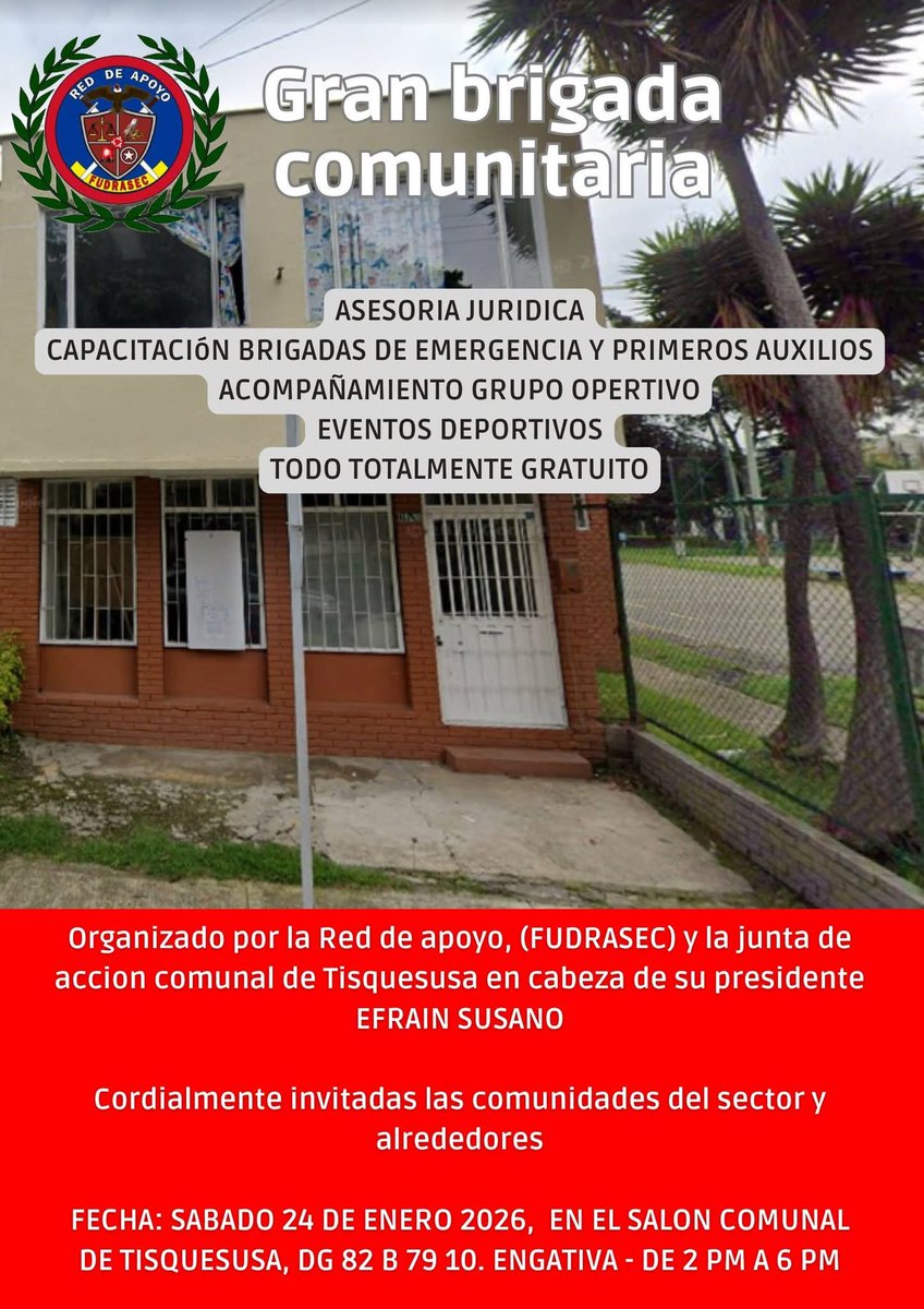 GRAN #BrigadaComunitaria EN #TISQUESUSA

La Red de Apoyo FUDRASEC, en articulación con la Junta de Acción Comunal de Tisquesusa, tiene el gusto de invitar a toda la comunidad del sector y barrios aledaños a participar en nuestra Gran Brigada Comunitaria,  eventos deportivos.