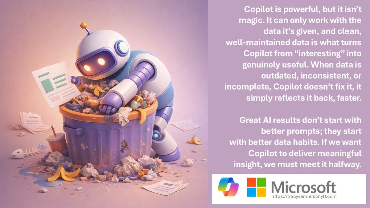 tracyvds's tweet photo. 𝗖𝗼𝗽𝗶𝗹𝗼𝘁 𝗶𝘀 𝗽𝗼𝘄𝗲𝗿𝗳𝘂𝗹, 𝗯𝘂𝘁 𝗶𝘁 𝗶𝘀𝗻’𝘁 𝗺𝗮𝗴𝗶𝗰.

Better AI starts with better data habits. Visit my blog and join me on my Copilot learning journey. https://t.co/jisoQ3YlE3

#MicrosoftCopilot #Microsoft365 #AI #Digitalcitizens #Adoption https://t.co/7xObZhmbhS