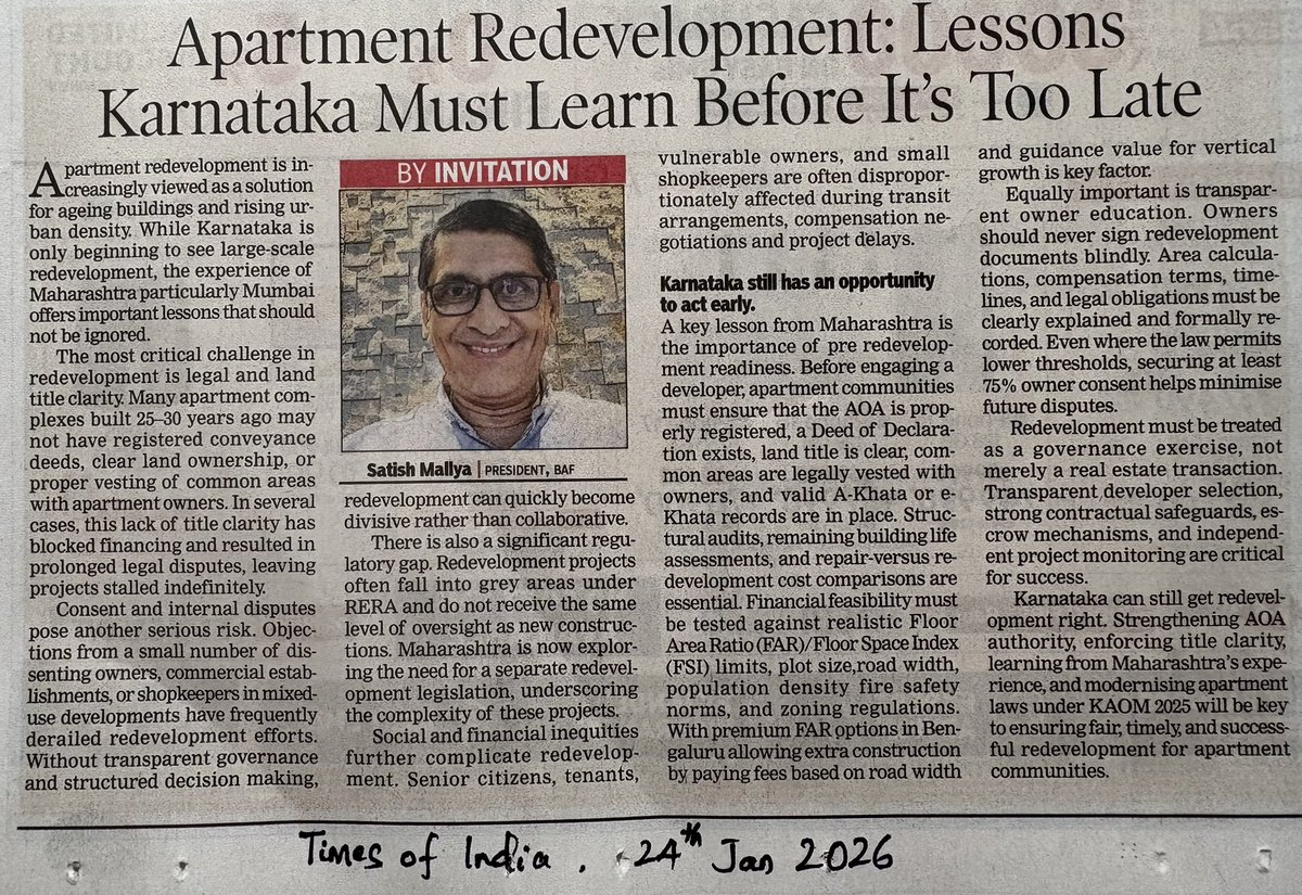 KAOMA 2025 - Karnataka Apartment Ownership and Management Act , key for redevelopment of apartments also. 

A detailed article on today’s Times of India.