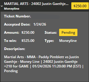 GrindingEddie's tweet image. Sat Jan 24

#UFC324:

Nikita Krylov +120 (1.00/1.20)
Justin Gaethje +210 (0.50/1.05)
Sean O'Malley via DEC +115 (1.00/1.15)
Waldo Cortes-Acosta via KO/TKO -105 (1.05/1.00)