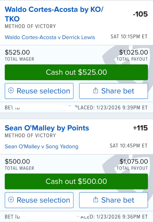 GrindingEddie's tweet image. Sat Jan 24

#UFC324:

Nikita Krylov +120 (1.00/1.20)
Justin Gaethje +210 (0.50/1.05)
Sean O'Malley via DEC +115 (1.00/1.15)
Waldo Cortes-Acosta via KO/TKO -105 (1.05/1.00)