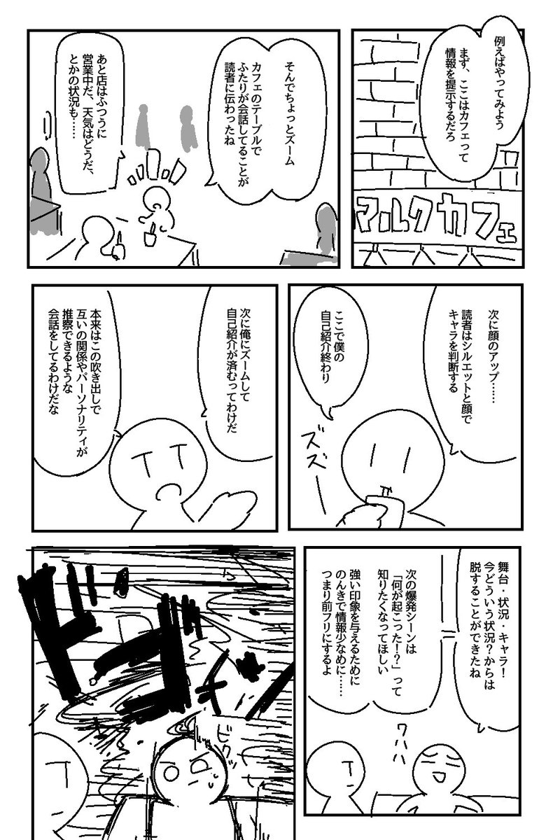 「漫画的表現」は絵を装飾する技術というよりは、意図を絵にする技術なんだよ　というのをぱっと説明するためにその場で描いた落書き