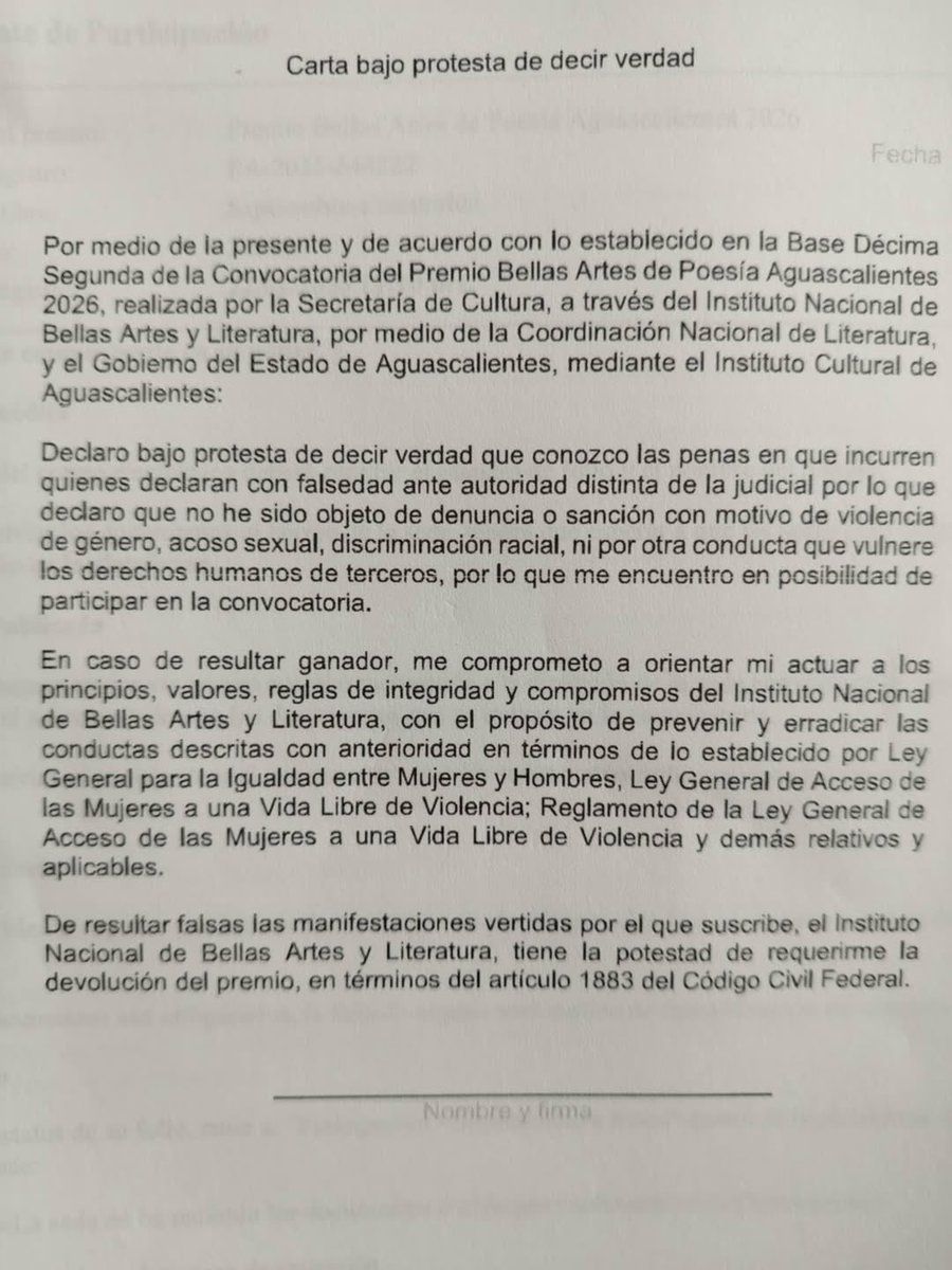 LuisCardenasMx's tweet image. 🧩POLÉMICA EN EL PREMIO AGUASCALIENTES

La poeta María Rivera cuestionó públicamente las bases del Premio Nacional de Poesía Aguascalientes al denunciar que a las y los concursantes se les obliga a firmar un compromiso de “buen comportamiento”, al considerar que incurre en…