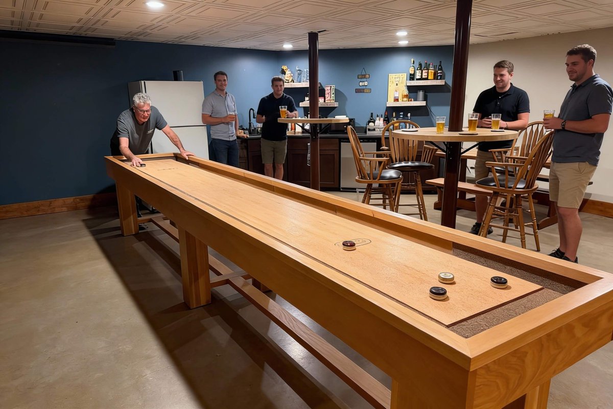 Eager for quality time? A McClure Tables shuffleboard in your game room sparks connection and joy. Handmade in Michigan, these tables set the stage for laughter and friendly competition, inviting everyone #GameRoom #FamilyTime #Handcrafted #MadeInUSA #Craftsmanship #MichiganMade