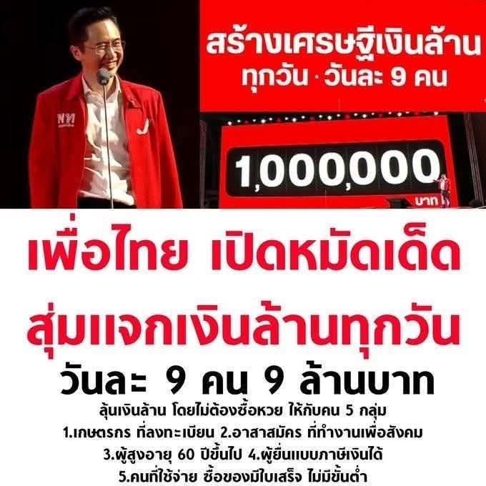 วันละ 9,000,000.-
เดือนละ  270,000,000.-  
ปีละ 3,240,000,000.-  
😂 เอางบกระทรวงไหนมาแจก เอาเงินจากไหนมาแจก