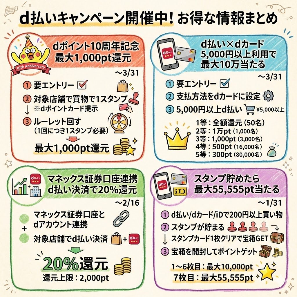 1月のd払いキャンペーンを更新🔥 エントリー忘れずに((꜆꜄ ˙꒳˙)꜆꜄꜆ﾎﾟﾁﾎﾟﾁﾎﾟﾁﾎﾟﾁ ✓dポイント10周年記念  最大1,000pt還元 ～3/31 ①要エントリー https://t.co/epXc3VxkFI ②対象店舗で買物で1スタンプ  ※dポイントカード提示 ③ルーレット回す(1回につき1スタンプ必要 ...