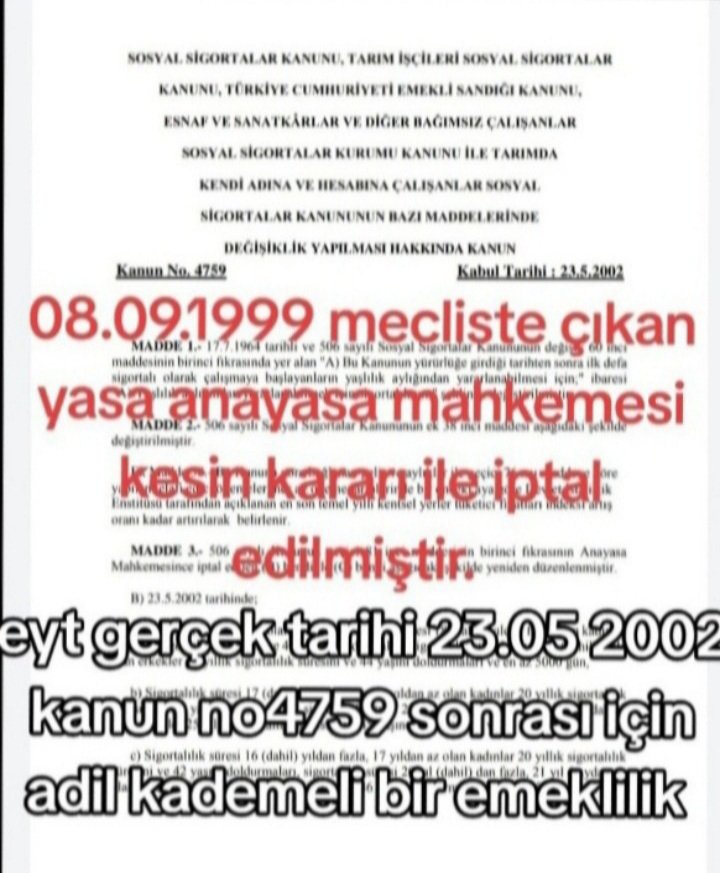 Her defasında adaletsizlik mi yapmanız gerekiyor.8.99eyt yasası23.11.2001deiptal edildi 23.5.2002de eyt yürürlüğe girdi. Arada9.99ile 23.5.2002leri harcamaya hakkınız yok, yasalara göre yönetiliyorsak
<a href="/RTErdogan/">Recep Tayyip Erdoğan</a>  
<a href="/Akparti/">AK Parti</a> 
<a href="/MHP_Bilgi/">MHP</a> 
<a href="/herkesicinCHP/">CHP 🇹🇷</a> 
#9.99ile23.5.2002içinadalet