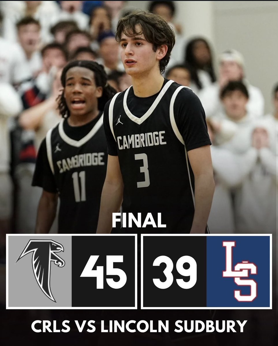 <a href="/CRLSFalcons/">CRLS Athletics</a> Boys Basketball goes on the road and comes home with a good road league win at Lincoln-Sudbury, 45-39. <a href="/CRLStweets/">CRLS</a> <a href="/CambridgeDay/">Cambridge Day</a> <a href="/GlobeSchools/">Boston Globe Schools</a> <a href="/BConn63/">Brendan Connelly</a> <a href="/nweitzer7/">Nate Weitzer</a>