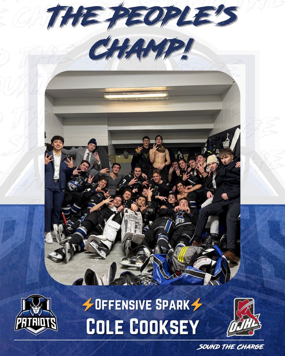 OJHLPatriots's tweet photo. ๐ The Peopleโs Champ ๐
โก๏ธOffensive Sparkโก๏ธ
Tonight the belt goes to Cole Cooksey! He brought the jump and the offensive edge, finding the back of the net and pushing the pace all night.
Fersure ๐ค
Whoโs next?
#ojhl #soundthecharge #fersure #win #fyp https://t.co/mXUKs9S5y9