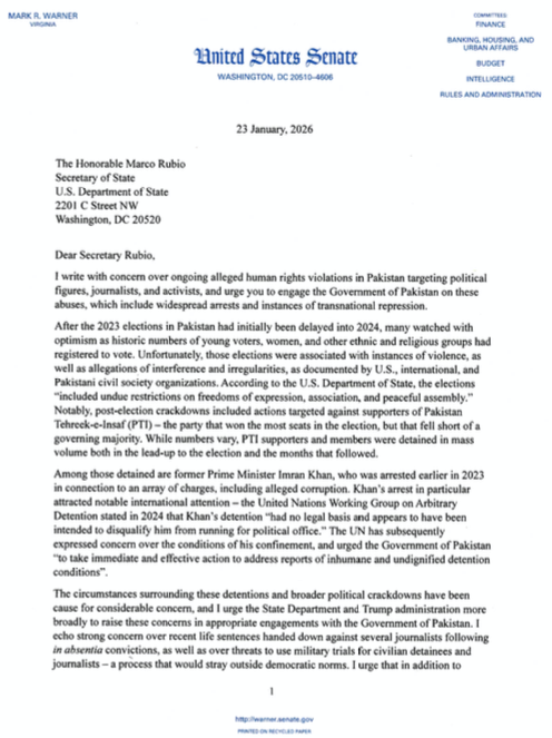 FirstPakGlobal's tweet photo. 🚨 MAJOR ADVANCEMENT: Ahead of @FirstPakGlobal’s first-ever Senate briefing, Senator @MarkWarner (VA)—Vice Chair of Senate Intelligence—raised Pakistani-American diaspora concerns directly with @SecRubio, urging action on human rights violations and transnational repression. A critical step toward accountability for violations of U.S. laws and sovereignty. 
#Pakistan #Democracy #TransnationalRepression