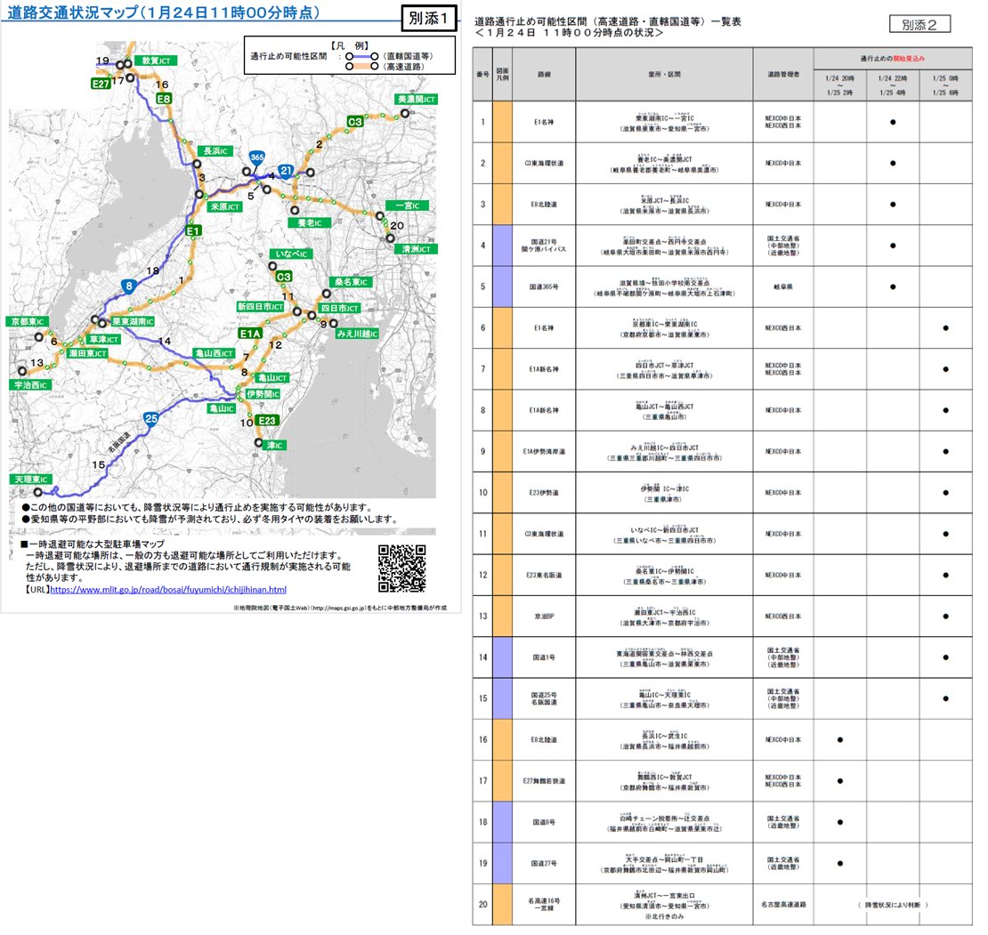 大雪による予防的通行止めの可能性】 1/24（土）～1/25（日）にかけて