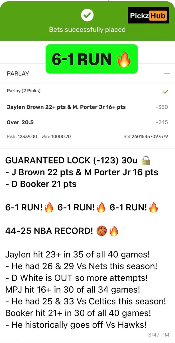 7-1 RUN NOW! 🔒✅ BEST NBA CAPPER ALIVE!!

GUARANTEED LOCK (-123) 30u 🔒✅ $22,339
J Brown 22 pts ✅ &amp; MPJ 16 pts ✅
D Booker 21 pts ✅

45-25 NBA RECORD! 🏀🔥

7-1 RUN!🔥 7-1 RUN!🔥 7-1 RUN!🔥

NO MORE DISCOUNTS YALL FUCKED UP! 💯
PickzHub.com 📈🤑 WE RICH OVA HERE!