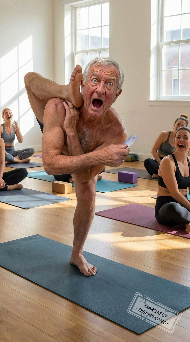 AlfredBehaves's tweet photo. Alfred: “Margaret… I hear voices—angels singing. I think I’m reaching Nirvana.
Margaret: “No, darling. That wasn’t enlightenment. That was a tiny fart with enormous ambition.”

#AlfredandMargaret #YogaFail #NirvanaAlmost #tinyfart #fartsofinnerpeace https://t.co/JSUgVDtvMB