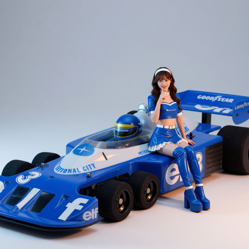 jason9394's tweet photo. Six wheels, one ice‑blue pit fairy and a whole lotta ’70s chaos energy. 💙✨#TyrrellP34 #SixWheeler #F1Vibes #RetroRacer #GridGirl #GarageGlam #F1 #AI #RC #Tamiya #F103 https://t.co/5yCLnQR2zs