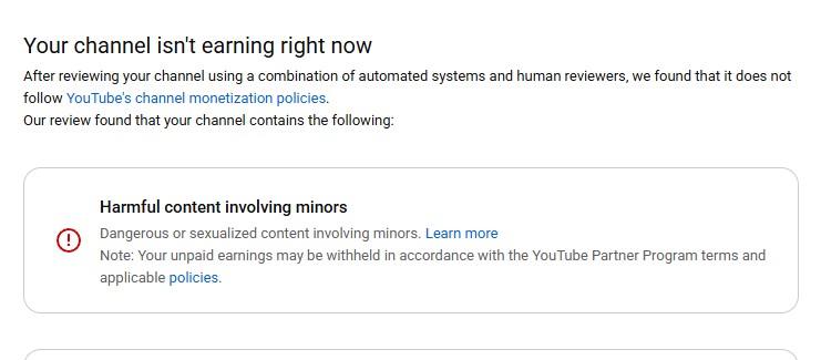 maxedystuff's tweet image. @TeamYouTube My channel was demonetized (see screenshot below). I believe this may have been a mistake. Could you please initiate a manual review? Thank you for your time and assistance.