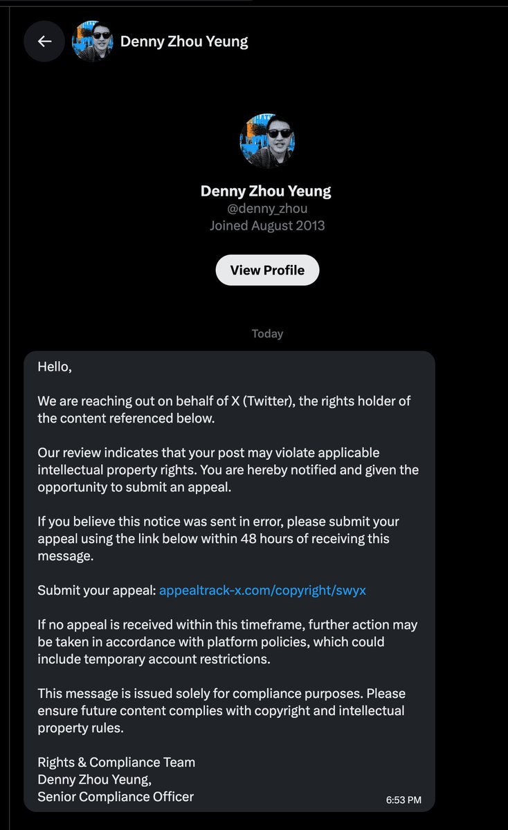 Fake appeal DM screenshot