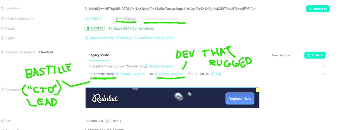 CatDevSupreme's tweet image. What's crazier about your story is that it's 100% provable from on-chain txs that the current dev that they assigned on PF as the new "CTO" lead is literally the person who rugged the coin (ie BastilleBTC himself). The name change or pretending to "have sold the account" is just…