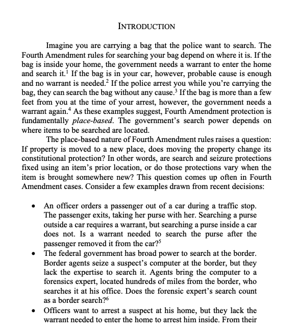 NEW PAPER: "The Moving Property Problem in Fourth Amendment Law."  I've been working on this for years, and I finally posted it. It's about a recurring puzzle in 4th Am law that courts struggle to answer. Scholars haven't noticed it—but once you see it, you can't unsee it.