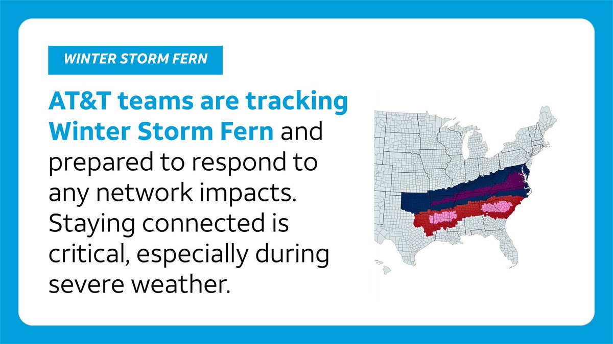 ATTNEWS's tweet image. ❄️ @ATT is storm-ready for #WinterStormFern. Teams are boosting network capacity, testing backup power, and staging emergency equipment to keep you connected. ➡️ For additional resources and updates - go.att.com/37ac2b40