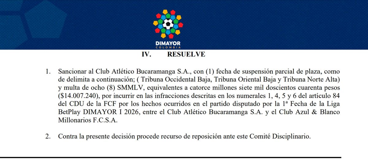 🚫❌ La sanción por parte de la <a href="/Dimayor/">DIMAYOR</a> al <a href="/ABucaramanga/">Atlético Bucaramanga</a> es para apelarla. Si bien hay informes oficiales, tampoco es para dejarse perjudicar de esa manera. Jugar ante <a href="/AlianzaFc_ofic/">Alianza Valledupar F.C.</a> sin público en Norte Alta, Oriental y Occidental baja más 14'000.000 es un desproposito...