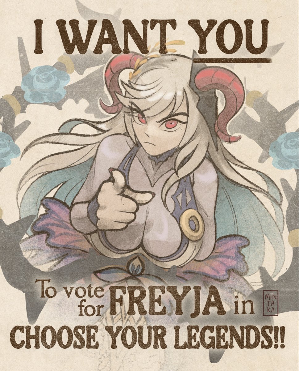 Do your duty! Vote for Freyja! This poster was made by <a href="/mintakaaa_art/">Apollo S.</a> !! Thanks!!  Vote Freyja, like and retweet to support Freyja and this artist!! Link to vote below 👇
#FireEmblem #FEヒーローズ #ファイアーエムブレム #FEH #SupportingFreyja #フレイヤを応援しています