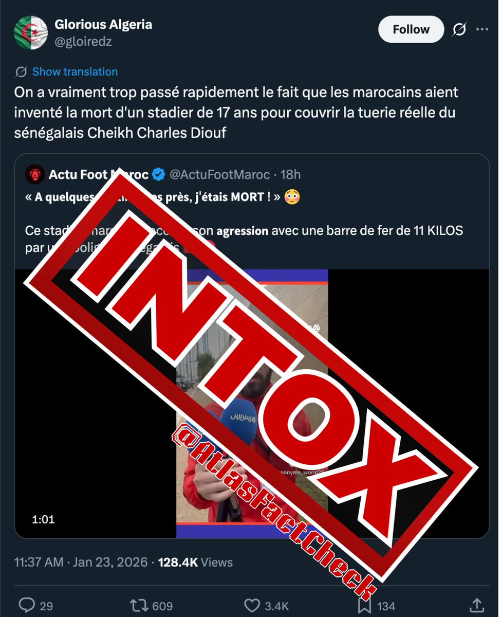 AtlasFactCheck's tweet image. 📌 MISE AU POINT 🇲🇦

Les investigations de la DGSN (20 janvier) démentent tout meurtre. Le corps découvert à Salé ne présentait aucune trace de violence ou de blessure par arme blanche.
Le défunt a été retrouvé avec une forte odeur d'alcool et des morsures superficielles causées…