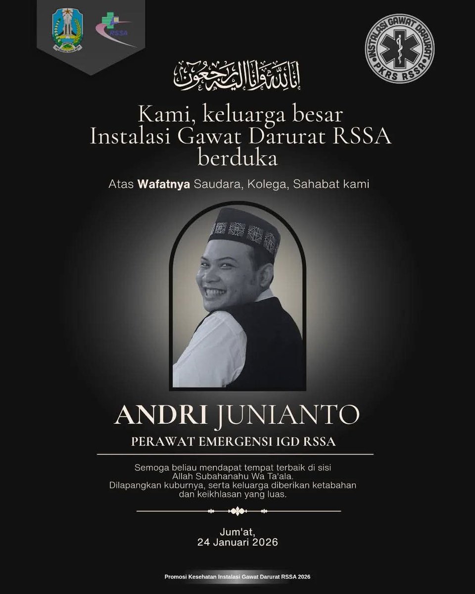 Ndherek belasungkawa kagem keluarga yang ditinggalkan..Mas Andri Perawat IGD RSSA Malang yang sangat responsif &amp; dedikatif..saya sama sekali tidak ragu² menyebutnya Pahlawan Sejati..meski menolong orang adalah "kewajiban" setiap nakes, tetap saja Mas Andri adalah another level..