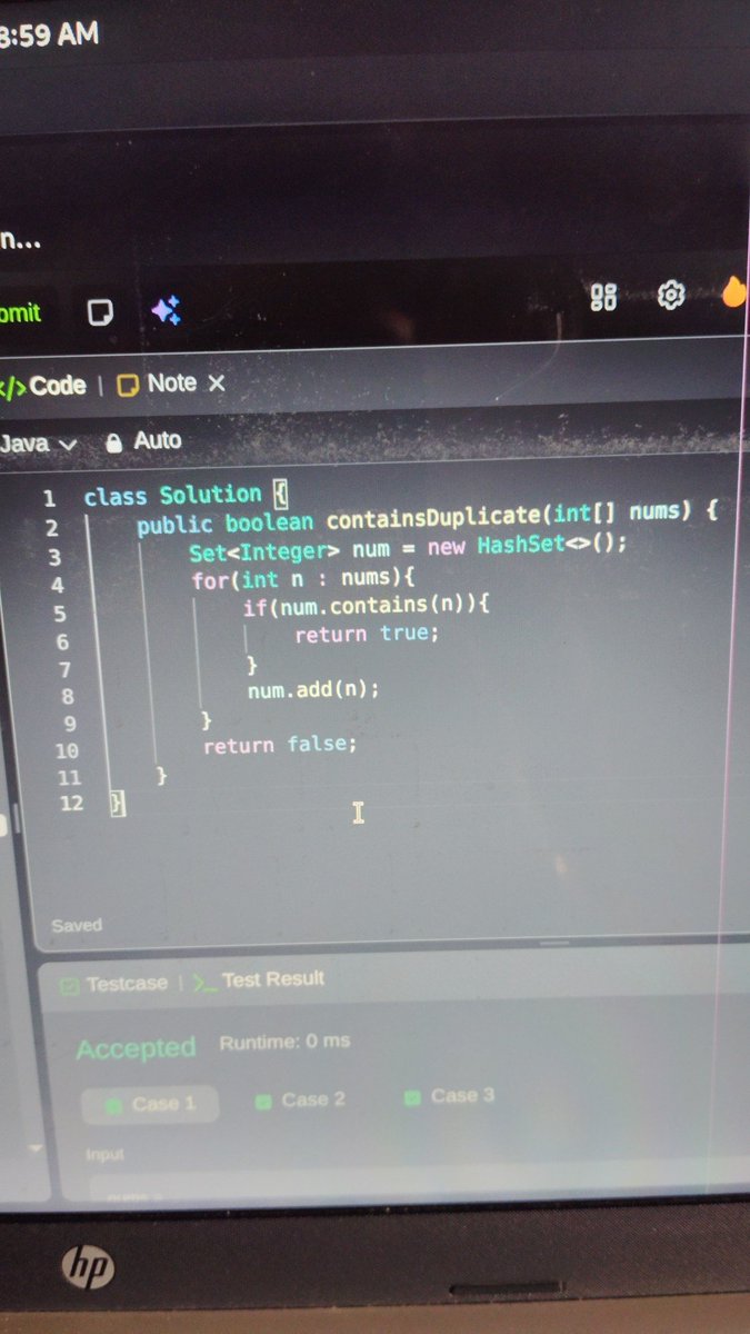 adarshkusingh's tweet image. Problem 'Contains duplicate' 
I have two approch to solve the problem 
1. Set : we all know that set always contain unique elements so we use it to store all unique elements in hashset and check if elements present or no
2. Sorting: sort the array and travers to n to search elem