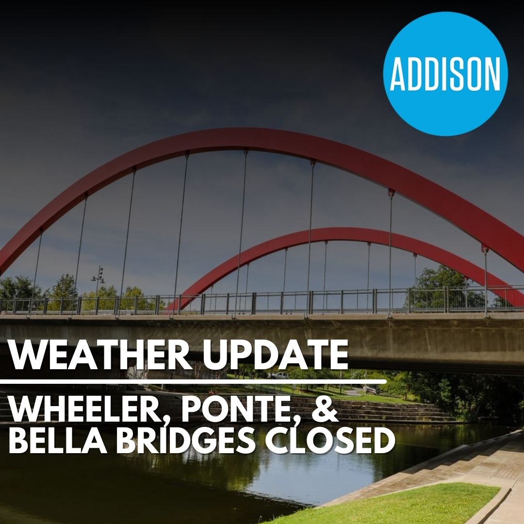townofaddison's tweet photo. Wheeler, Ponte, and Bella Bridges are now closed due to icy conditions.  Please use alternate routes.  You can get a full list of winter weather closures at https://t.co/NxsNylRquX
Stay safe out there, Addison! https://t.co/bdnsOn64hA