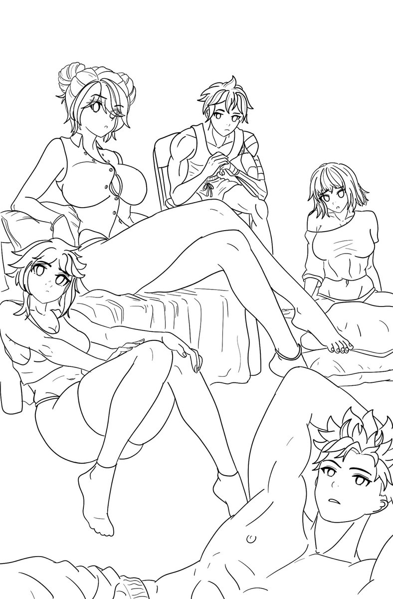 I’m having a sad night. So it’s time to have a sexy sleepover with all your hot #OCs. 

Marie is mine. 
Solia belongs to <a href="/cyrus_azrael/">Cyrus Azrael</a> 
Ji-Sung is <a href="/n_k_ntrtainment/">Courageous Crabapple</a>’s
Rune belongs to <a href="/Matrixinokai/">Matrixin</a> 
Rein is <a href="/KamenLagann/">KamenNoodles🦋 (Comms open!)</a>’s

Give everyone some love and  post your hot OCs in comments