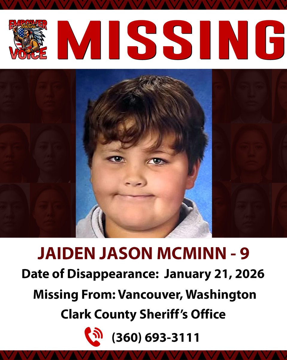EmpowerNative's tweet image. 🚨 MISSING PERSON ALERT - JAIDEN JASON MCMINN 🚨

If you have any information, please contact:
📞 Clark County Sheriff’s Office: (360) 693-3111
📞 NCMEC: 1-800-843-5678 (NCMEC: 2075156)

#EmpowerNativeVoice #ShareYourVoice #MissingPerson #BringThemHomeNow