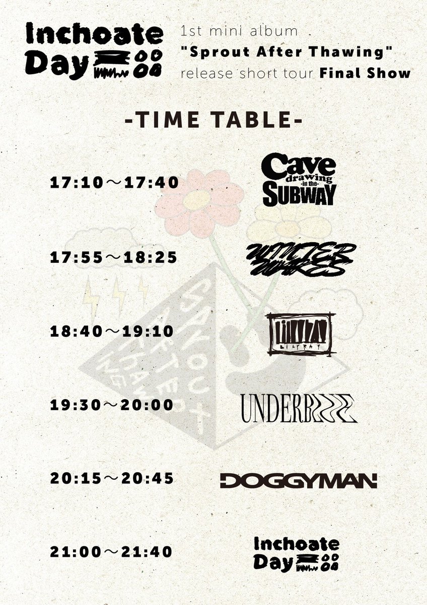【本日のBuzzFront】

Inchoate Day presents
“Sprout After Thawing” Release Short Tour Final Show
【出演】
Inchoate Day
Winter Wakes
DOGGYMAN
UNDERBLUE
lilyray
Cavedrawing in the Subway

【開場/開演】
16:40/17:10
【前売/当日/学割】
¥2,400+1D(¥600)/¥3,000+1D(¥600)/ ¥1,000+1D(¥600)