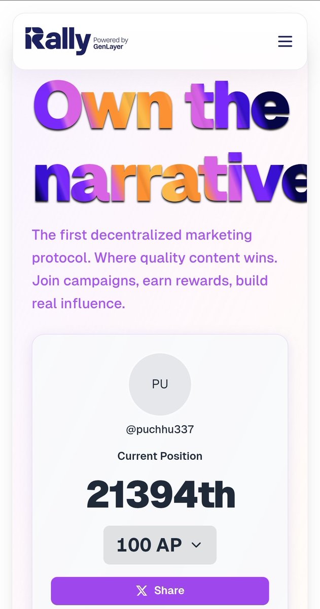 Just earned 100 Access Points on Rally! Join me: waitlist.rally.fun/joinme/puchhu3…

#Airdrop #INFOFI #Kaito #Cookie