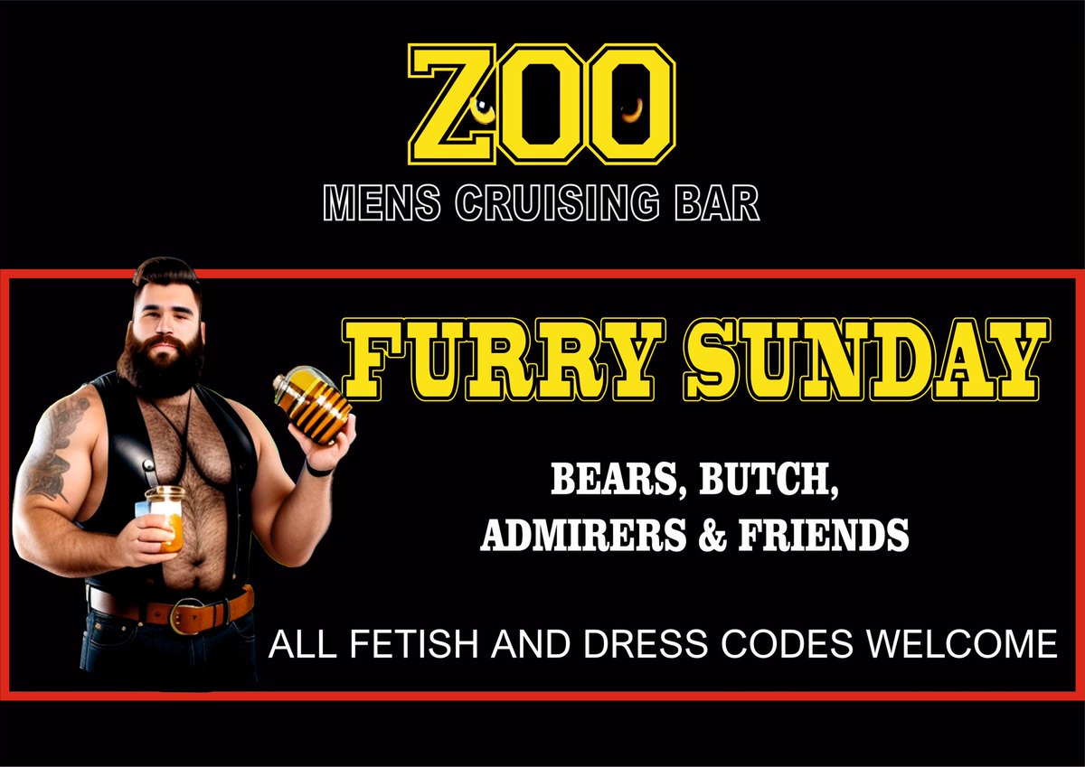 ZooMensBar's tweet photo. SUNDAY MIXER
BEARS&amp;FRIENDS
start22h(RushHour23h)
10€Entry 1Drink+Snacks Incl.
*Guard. Cloakroom
*Smoking Terrace
*Pro.Ventilation
Over300m²of Cruising&amp;Fun
#gaybears #gaycruising #gayclub #gayfetish #beargay #gaybear #gaybar #yumbocenter #gaymaspalomas #gaygrancanaria #gaychaser https://t.co/ieYTg5tP6f
