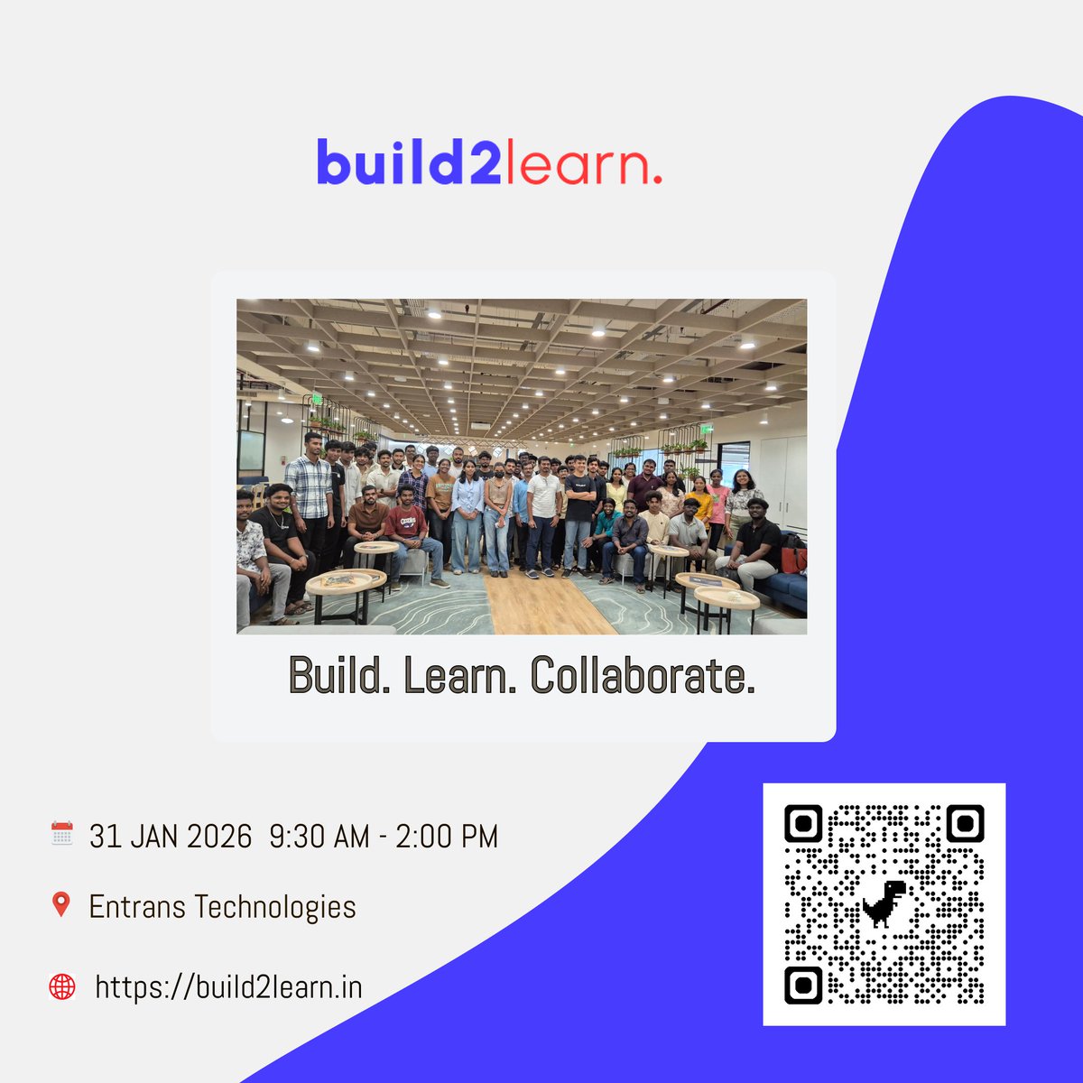 build2learn_c's tweet photo. 🎉 New year, new builds. Build2Learn #34 is back!

📅 31st January 2026
⏰ 9:30 AM onwards
📍 Entrans Technologies Private Limited, Chennai

Start the year by building real projects with an amazing tech community.
#Build2Learn #TechCommunity #Chennai https://t.co/DcfFFadQrO