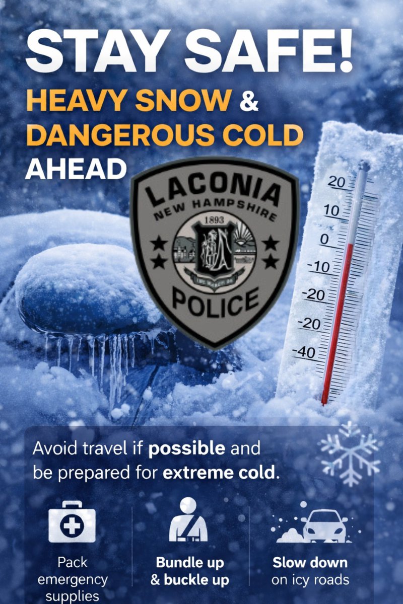 With freezing temperatures and snow forecasted over the next few days, please take a moment to prepare and plan accordingly.

🚗 If you must travel, leave extra time, increase following distance, and keep your fuel tank at least half full.

Stay safe, Laconia!