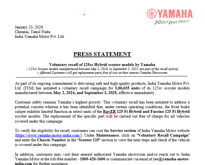 CNBCTV18Live's tweet image. #YamahaMotor India announces a voluntary recall of select 125cc hybrid #scooter models manufactured between May 2, 2024 &amp;amp; Sep 3, 2025 

Recall is to address a potential concern wherein, under certain operating conditions, the front brake calliper exhibits limited function in